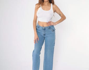 Vintage Cargo Jeans Y2K Baggy Jeans Mid Rise Blue Denim Pants Straight Wide Leg Relaxed Boyfriend Streetwear Tomboy Carpenter 00s Small 27