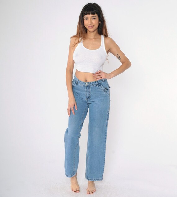 Vintage Cargo Jeans Y2K Baggy Jeans Mid Rise Blue Denim Pants Straight Wide Leg Relaxed Boyfriend Streetwear Tomboy Carpenter 00s Small 27