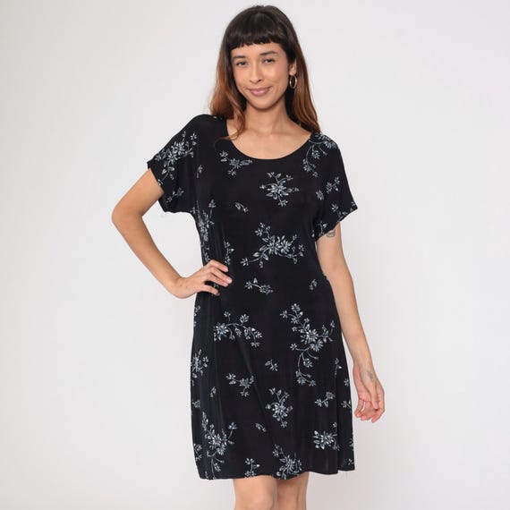 Black Floral Dress 90s Shift Style Relaxed Fit Gray Silver Print Cottagecore Minimalist Summer Casual Soft Indie Grunge Vintage Medium M