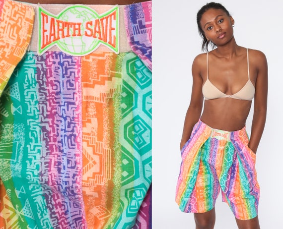 Neon Rainbow Shorts 90s Native American Bird Symbo