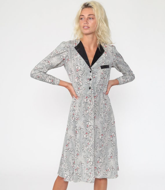 80s Floral Dress Black White Midi Dress Bohemian Button Up Dress Pocket 80s Vintage Boho High Waisted Puff Sleeve Dress Small Medium