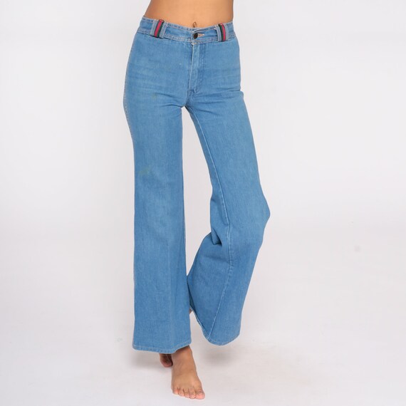 70s Bell Bottom Jeans High Waisted Jeans Stripe LAVION 1970s Denim Hippie Pants Blue Jean Flares Boho Vintage Seventies Extra Small XS