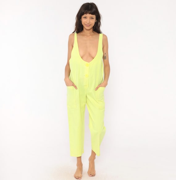Neon Yellow Jumpsuit 90s Cotton Romper Sleeveless Deep V Neck Button Front Ankle Length Loose Fit Side Pocket One Piece Vintage Medium M