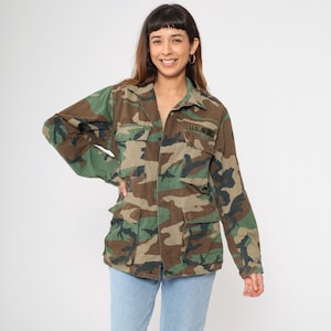 Vintage US Army Camouflage Field Jacket 80s 90s Camo Woodland Combat Military Coat Button Up 1990s Small Regular