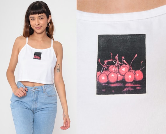 Y2K Cherry Tank Top White Graphic Crop Top Spaghetti Strap Racerback Shirt Sleeveless Bodycon 00s Fruit Print Cropped Tee Medium Large