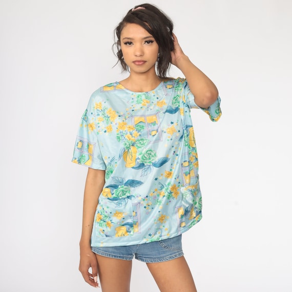 70s Floral Blouse Novelty Window Print Blue Boho Top Bohemian Short Sleeve Tunic Summer Print 1970s Vintage Boho Hippie Large xl l