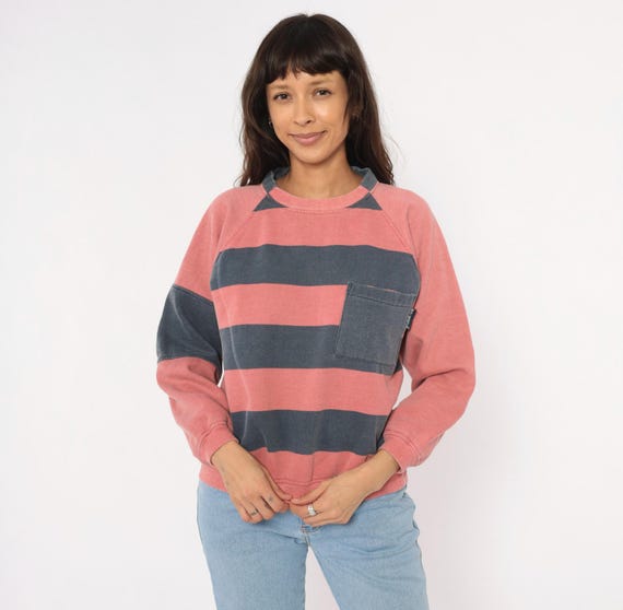 90s Striped Rugby Sweatshirt Pink Navy Stripe Raglan Sleeve Cotton Chest Pocket Colorblock Boxy Surf Style Rose Charcoal Vintage Medium M