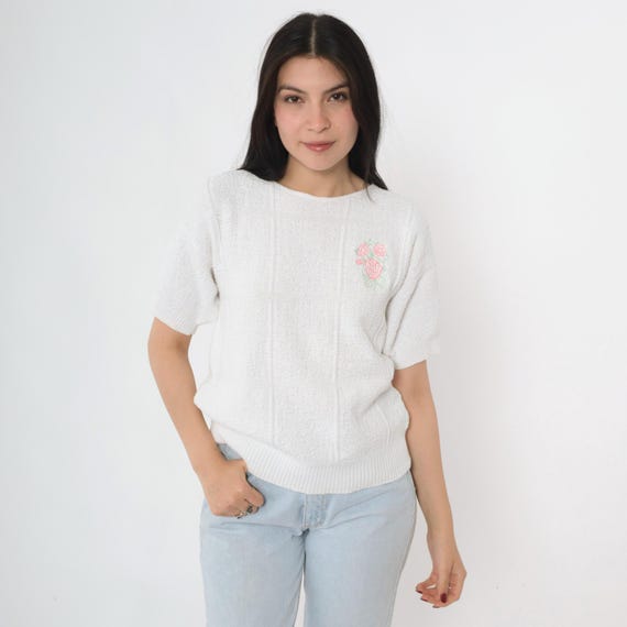Vintage 80s Floral Sweater Top White Embroidered Short Sleeve Knit Top Slouchy Flower Print 1980s Retro Slouch Small S