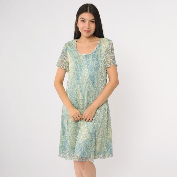 90s Party Dress Iridescent Vintage Blue Green Shimmer Scoop Neck Short Sleeve Knee Length Shift  Sparkle Party Style Large L 14