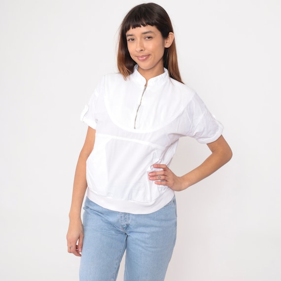 90s Zip Up Shirt White Kangaroo Pocket Shirt Quarter Zipper Short Sleeve Slouch Banded Hem Tee Slouchy Tshirt Vintage 1990s Cotton Small S