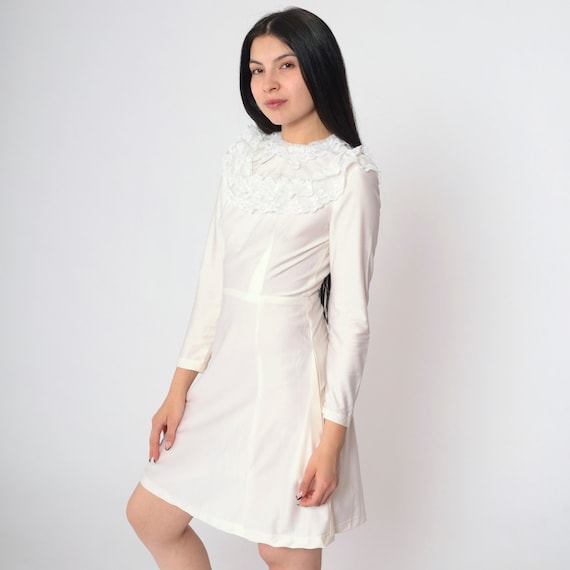 70s White Lace Dress Ruffled Collar Boho Mini Party Bohemian Formal Dress High Waist Victorian 1970s Vintage Long Sleeve Extra Small xs