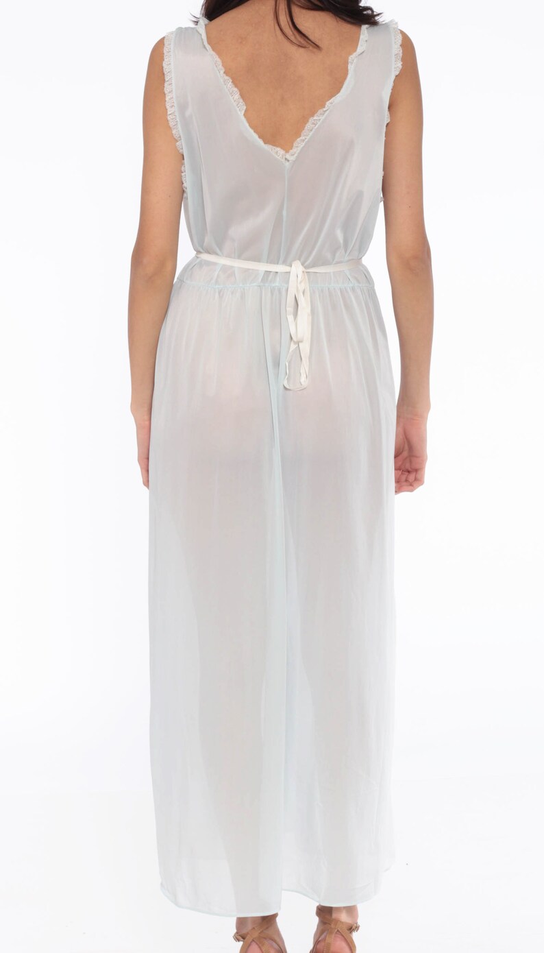 Sheer Nightgown Lingerie Baby Blue Slip Dress 70s Maxi Nightgown Deep V Neck Boho RUFFLE Empire Waist Vintage Bohemian Pastel Long Large