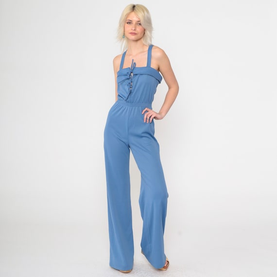 70s Jumpsuit Blue Corset Lace Up Bell Bottom Pants Wide Leg Boho Jumpsuit 1970s Bohemian One Piece Sleeveless Vintage Extra Small xs s Tall