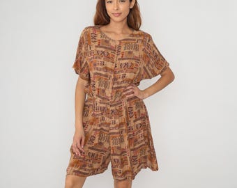 90s Patchwork Romper Brown Orange Beige Red Short Sleeve Knee Length Southwestern Tribal Geometric Block Print Earth Tone Vintage Large L