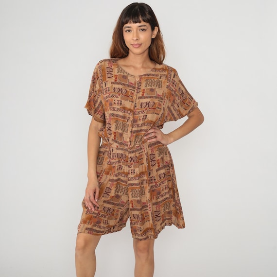 90s Patchwork Romper Brown Orange Beige Red Short Sleeve Knee Length Southwestern Tribal Geometric Block Print Earth Tone Vintage Large L