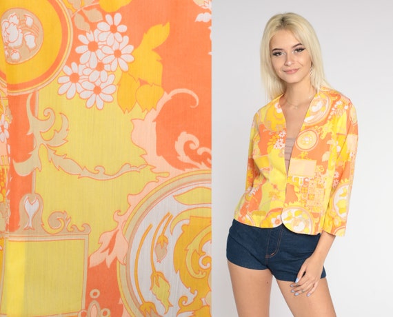 70s Floral Blazer Psychedelic Yellow Orange Flower Print Jacket Mod Boho Hippie 3/4 Sleeve Cropped Coat Flower Power Vintage 1970s Medium M