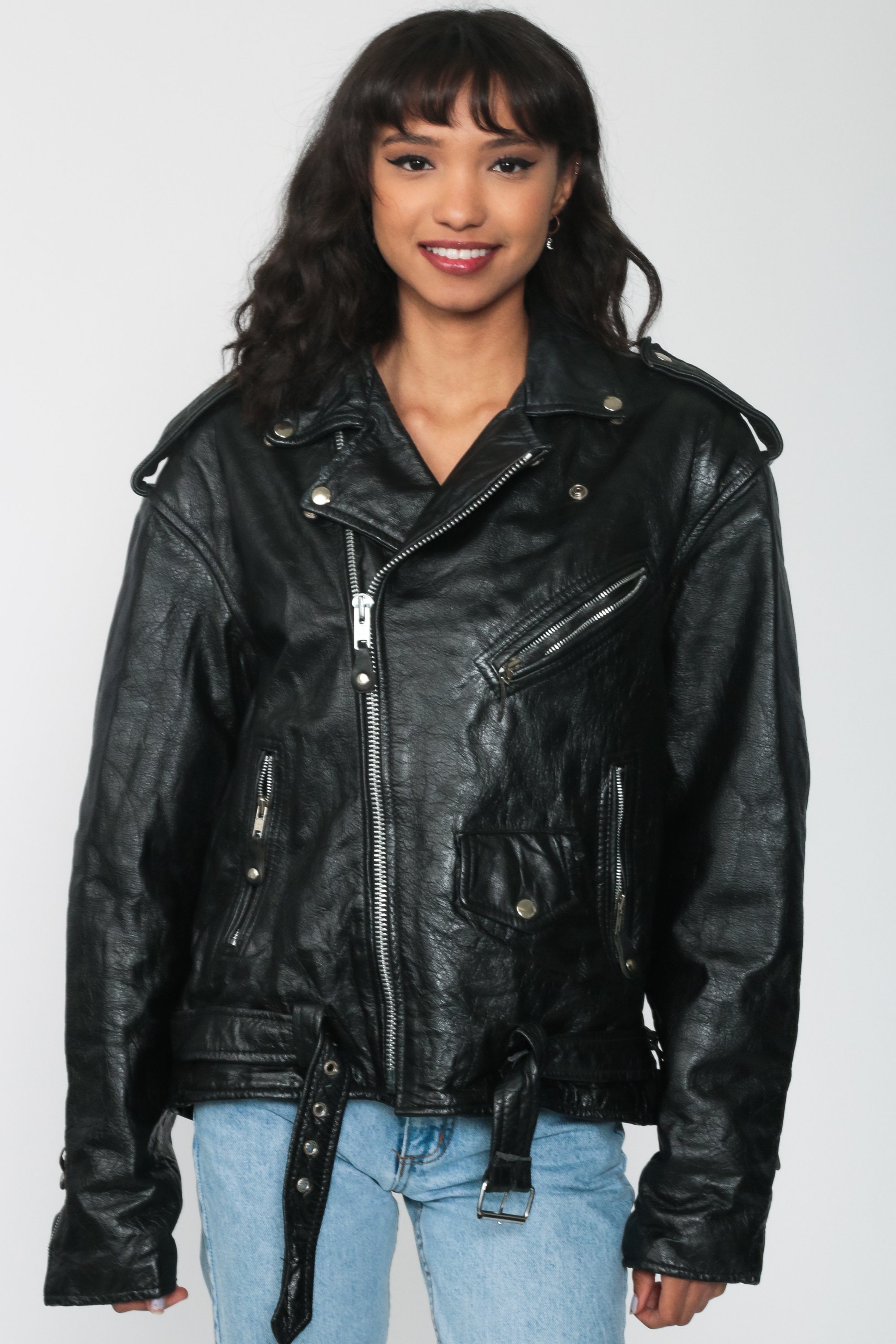 80s Leather Biker Jacket -- Black Leather Jacket 80s Motorcycle Jacket Vintage Moto Jacket Punk 