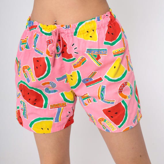 90s Tropical Fruit Shorts Pink Watermelon Beach Shorts Alphabet Print Shorts High Drawstring Waist Baggy Vintage 1990s Small Medium