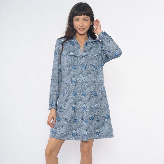 70s Shirt Dress Collared Blue Gray Bow Floral Vintage Geometric Crosshatch Pattern Office Work Casual Day Dress Garden Sundress Large L