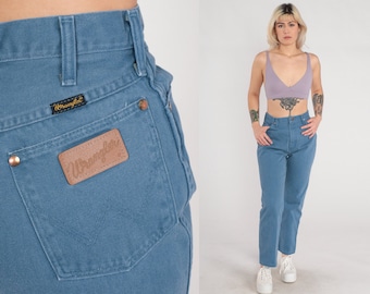 Blue Wrangler Jeans 80s High Waisted Jeans Straight Leg Denim Pants Retro Western Basic High Rise Streetwear Plain 1980s Vintage Small S 28