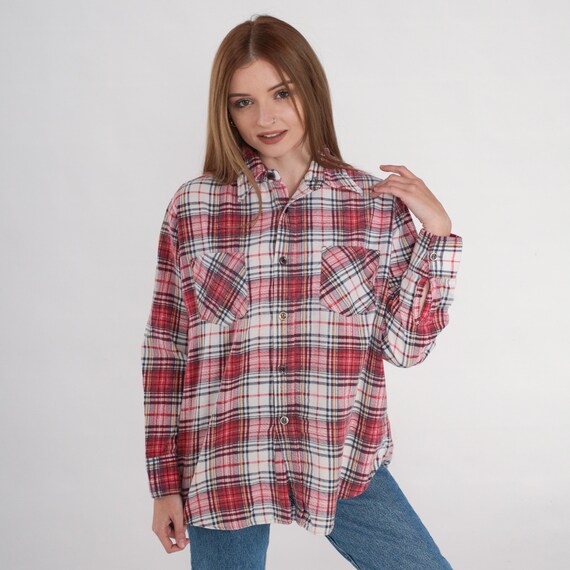Vintage Flannel Shirt 80s Red Plaid Button up Shirt Lumberjack Long Sleeve Retro White Checkered Boyfriend Overshirt Cotton 1980s Medium M