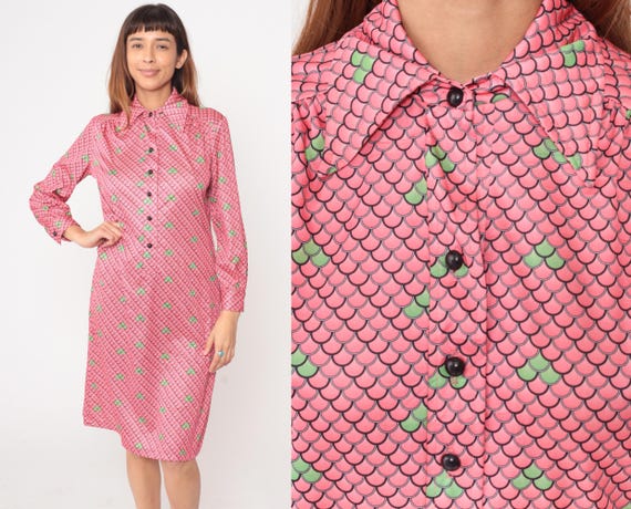 70s Pink Scales Dress Green Accent Long Sleeve Collared Knee Length Vintage Mermaid Fish Reptile Pattern Shirt Dress Groovy Disco Large L