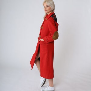 Red Hooded Coat 70s Wool Peacoat Toggle Button up Trench Pea Coat Long Jacket Warm Winter Trenchcoat Hood Elbow Patches Vintage 1970s Small image 5