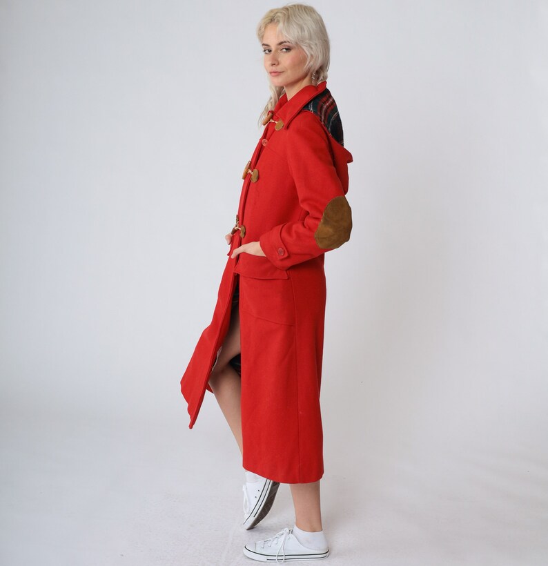Red Hooded Coat 70s Wool Peacoat Toggle Button up Trench Pea Coat Long Jacket Warm Winter Trenchcoat Hood Elbow Patches Vintage 1970s Small image 5