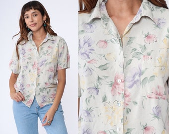 Floral Silk Blouse 90s Button Up Shirt Beige Short Sleeve Collared Top Flower Leaf Print Boho Retro Bohemian Vintage 1990s Medium