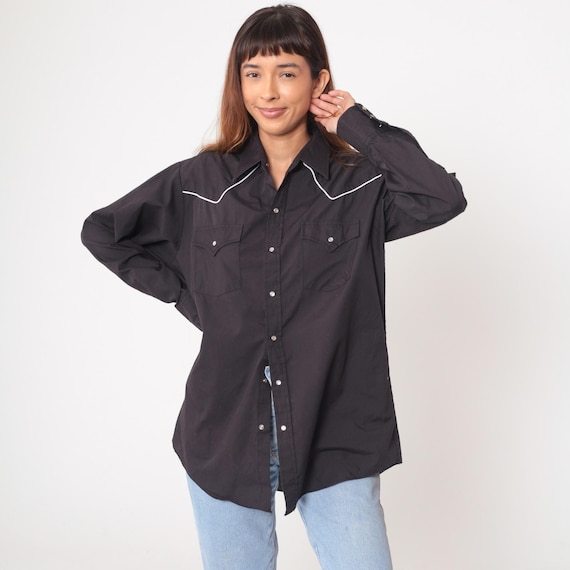 Black Western Shirt 90s Pearl Snap Long Sleeve Cotton Cowboy Blouse White Piping Contrast Trim Pockets Country Rockabilly Vintage Large L