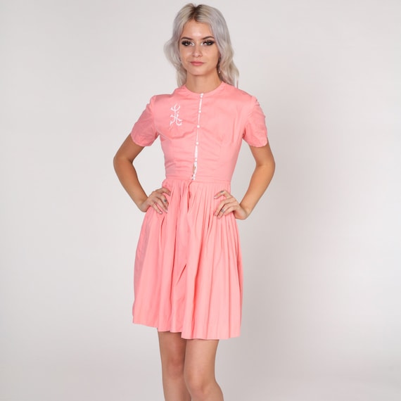 60s Pink Dress Mini Dress Embroidered Button up High Waisted Vintage 1960s Short Sleeve Retro Sixties Mad Men Day Dress Sundress 2xs xxs