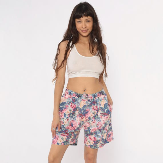 90s Floral Shorts High Waist Elastic Rose Print Pink Blue Yellow White Cottagecore Romantic Summer Loungewear Beach Garden Vintage Medium M