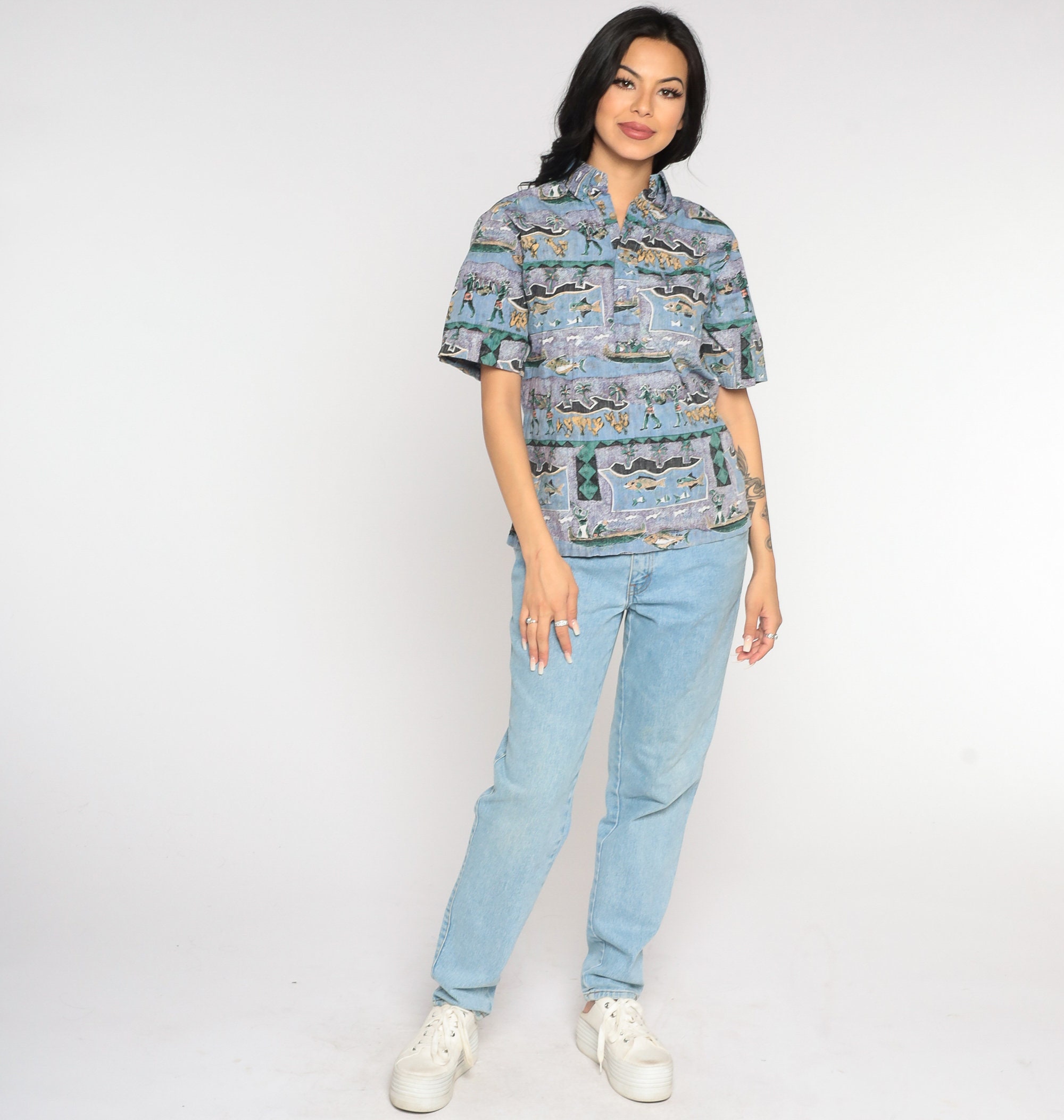 Tropical Shirt Y2k Fishing Island Print Button Up Retro Surfer Polo ...