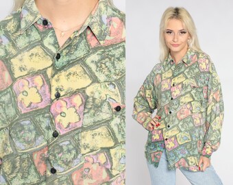 Floral Button Up Shirt 90s Abstract Flower Print Shirt Long Sleeve Retro Preppy Collared Top Green Yellow Pink Vintage 1990s Mens Medium M