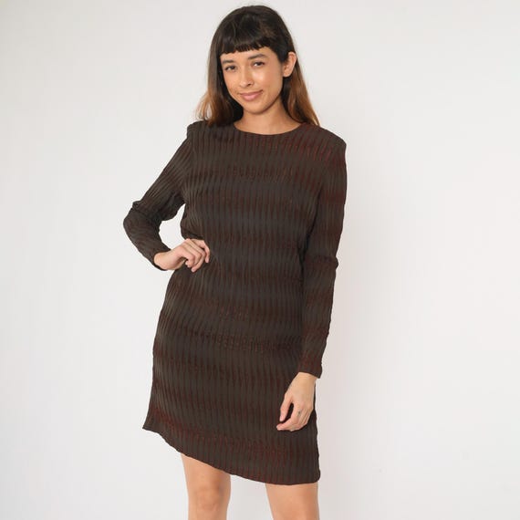 60s Mod Mini Dress Dark Brown Striped Space Age Dress Shift 1960s Twiggy Stewardess Vintage Scooter Long sleeve Medium