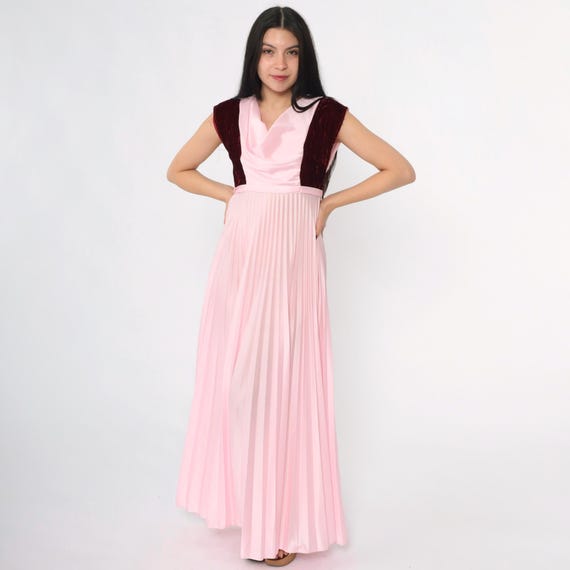 Vintage 70s Pink Party Dress Velvet Trim Pleated 1970s Maxi Boho Grecian Cowl Neck Long Empire Waist Cap Sleeve Formal Gown Small
