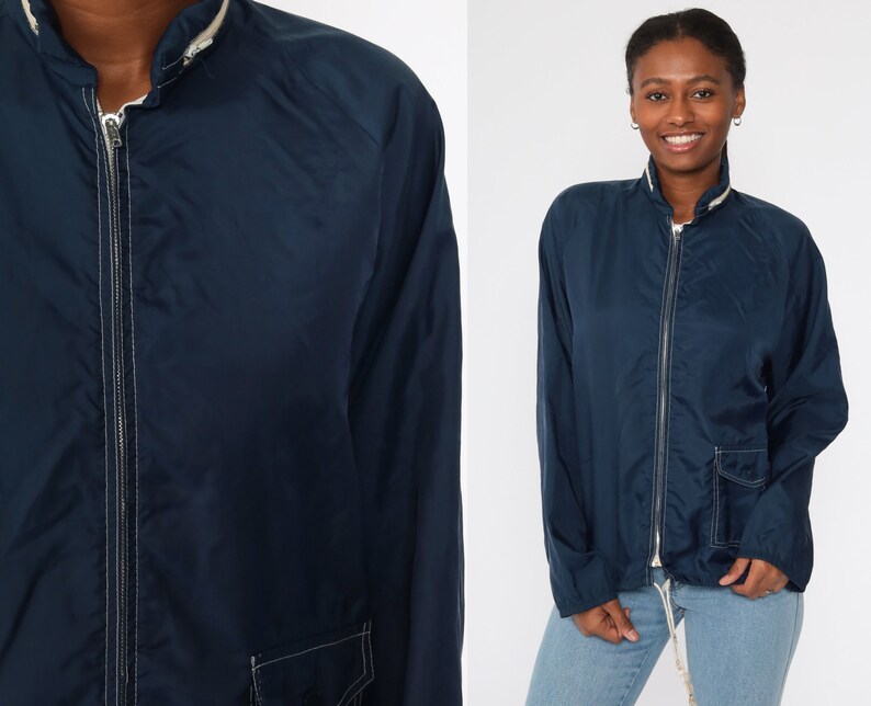Blue Windbreaker Jacket 70s Navy Jacket Zip Up Plain Retro Jacket Nylon Racing Vintage 80s Lightweight Retro Thin Shell Medium Large