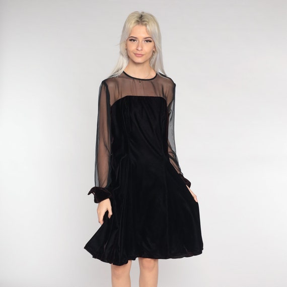 Velvet Party Dress 90s Faded Black Illusion Neckline Mini Dress Prom Cocktail Retro Sheer Formal Long sleeve Holiday Vintage 1990s Large 12