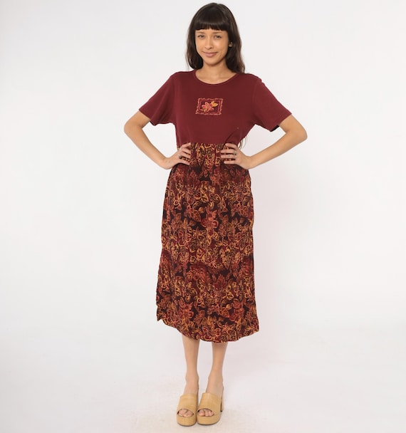 90s Grunge Dress Colorblock Embroidered Floral Burgundy Brown Rust Gold Prairie Cottagecore Fall Autumn Earth Tone Alt Vintage Medium M