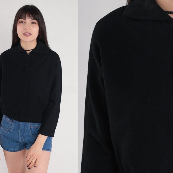 Black Wool Sweater 60s Pullover Collared Sweater Retro Plain Simple Knit Shirt Solid Basic Minimal Knitwear Sixties Vintage 1960s Medium M