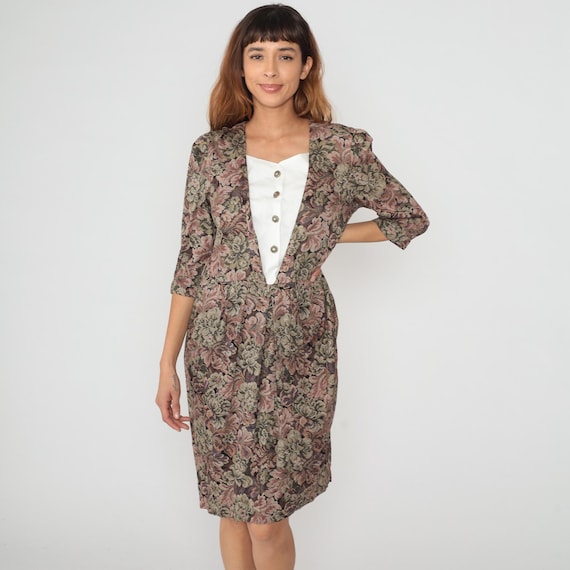 Floral Blazer Dress 90s Pink Brown Green Cream Print Button Front White Blouse Overlay Vintage Nerdcore Academic Teacher Grannycore Large L