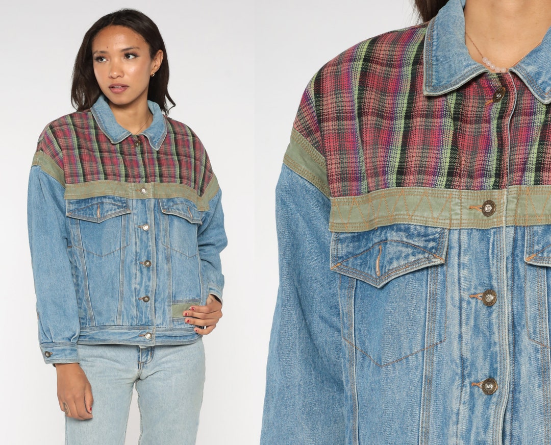 Plaid Jean Jacket 90s Denim Jacket Western Yoke Jacket Grunge Vintage