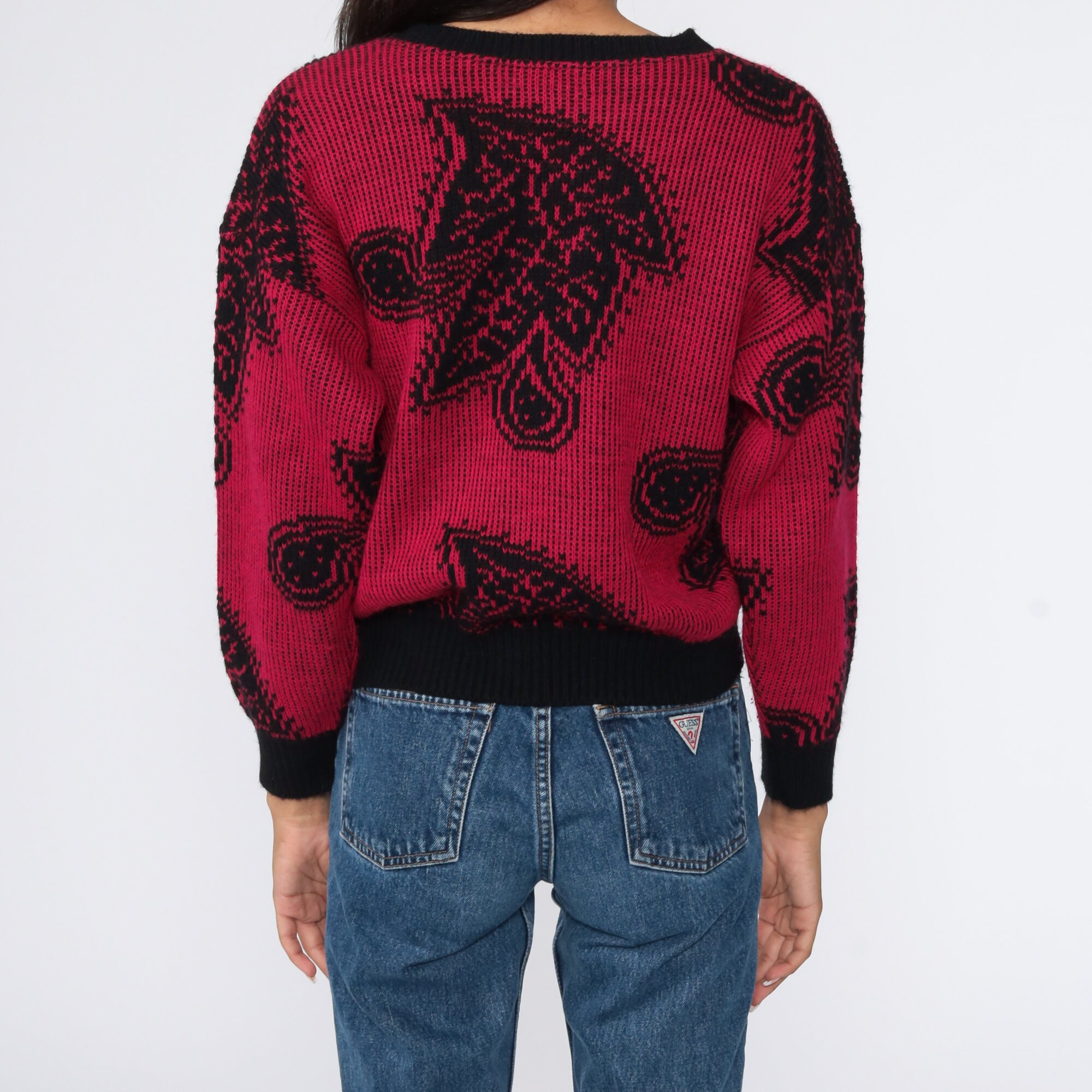 Paisley Sweater 80s Pink Black Knit Sweater Bohemian Graphic Print ...