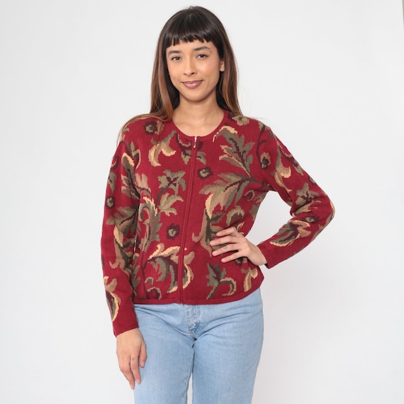 Leaf Print Cardigan Y2K Red Knit Zip Up Sweater Autumn Leaves Botanical Print Boho Fall Hippie Jumper Retro Cotton Ramie Vintage 00s Small S