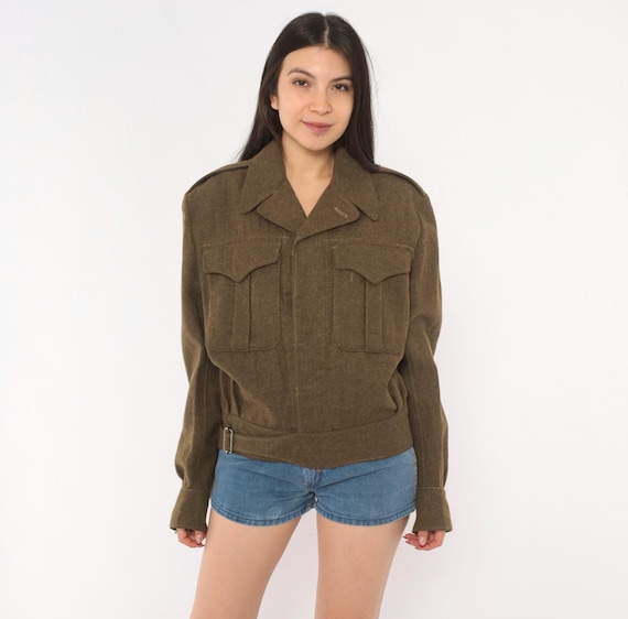 50s Military Wool Jacket Olive Drab Cropped Blouson Army Green Button Front Chest Pocket Epaulet Shoulder Tab Field Coat Vintage Medium M