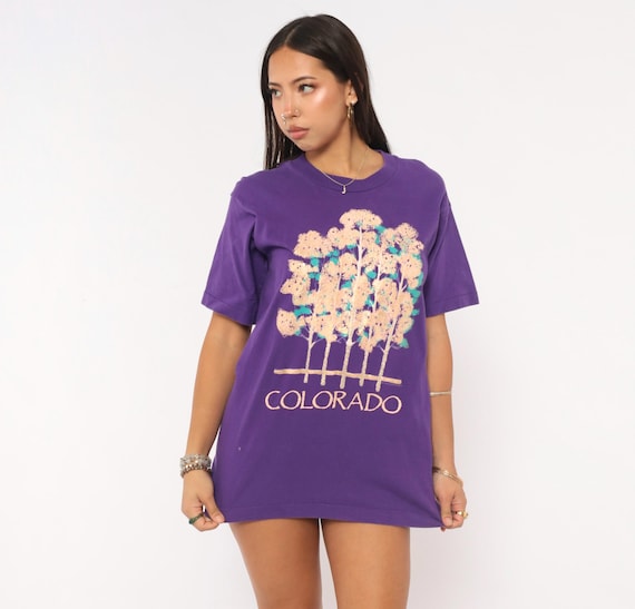 Colorado Aspen Trees Tee 90s Purple Souvenir Graphic Shirt Cotton Plum Violet Travel Tourist Forest Outdoorsy Short Sleeve Vintage Medium M