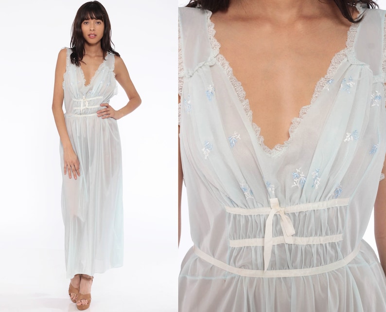 Sheer Nightgown Lingerie Baby Blue Slip Dress 70s Maxi Nightgown Deep V Neck Boho RUFFLE Empire Waist Vintage Bohemian Pastel Long Large