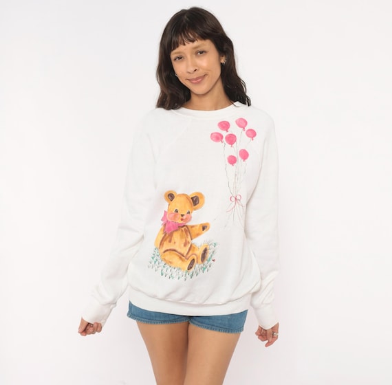 Hand Painted Teddy Bear Sweatshirt 90s White Cream Pink Balloons Cotton Pullover Raglan Sleeve Vintage Graphic Cute Animal Extra Large XL