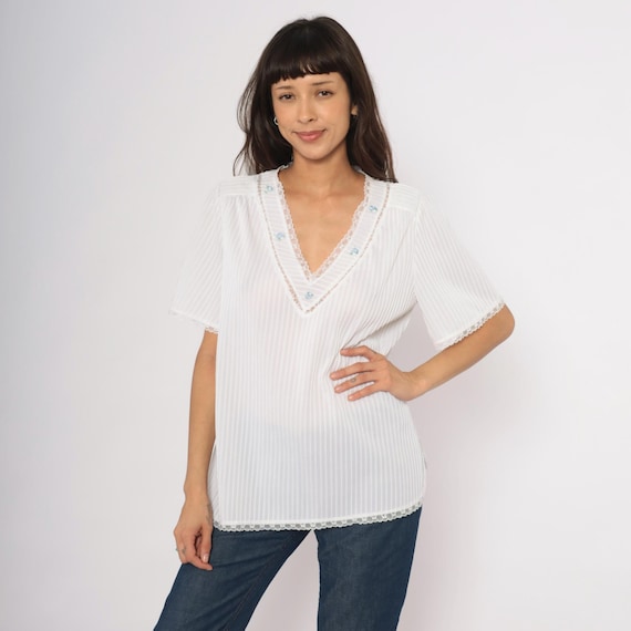 70s Lace Trim Blouse White Sheer Striped V Neck Puff Sleeve Pullover Top Ivory Floral Embroidered  Peasant Feminine Tunic Extra Large XL