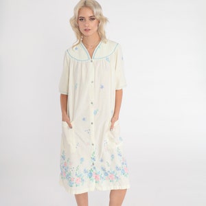80s Floral Nightgown Pale Yellow Pajama Dress Snap up Nightie Midi Tent Pajamas Lounge Pockets Short Sleeve Sleepwear Vintage 1980s Large L